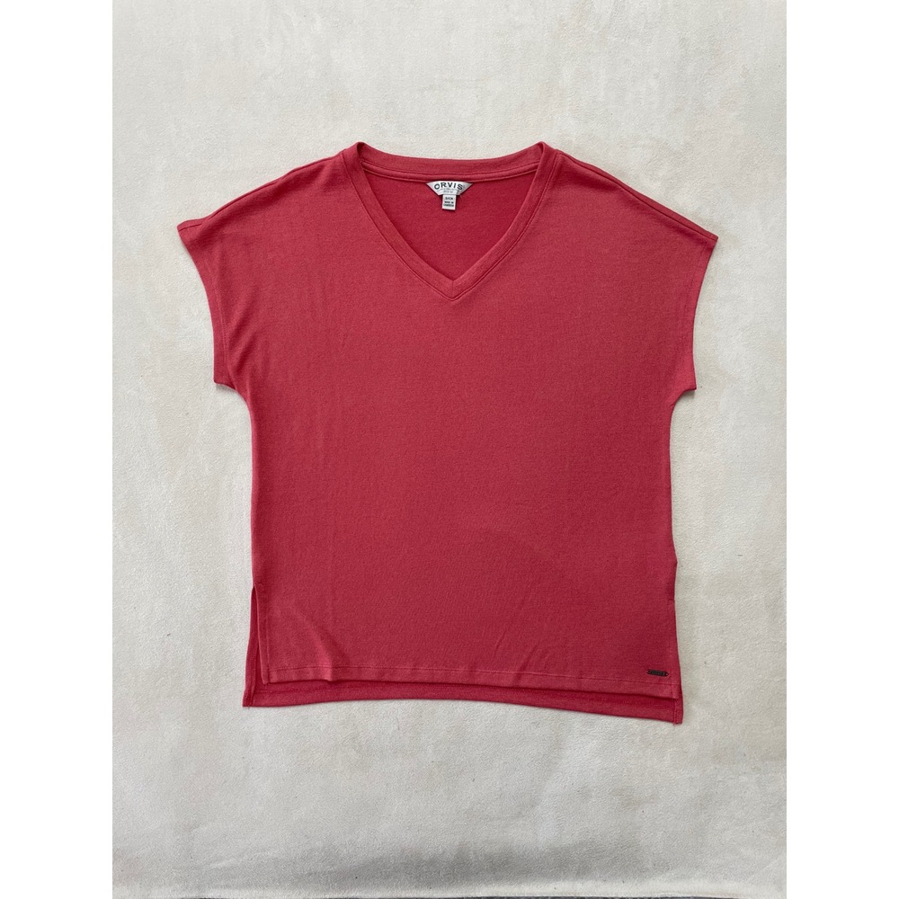 Orvis Women Coral Red V-Neck Short Sleeve Knit Top Shirt Size S 1491578